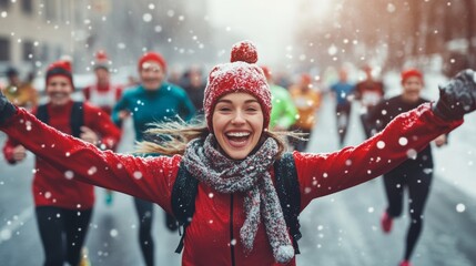 Joyful Runners Celebrating a Winter Charity Marathon in Festive Attire 