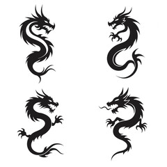 Tribal Dragon Silhouette Vector Set - Chinese Dragon Tattoo Design Collection.
