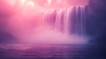 Majestic Waterfall Framed by Glowing Rainbows and Soft Mist