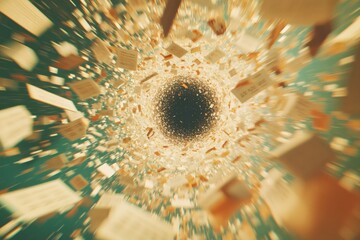 Swirling vortex filled with floating documents creates sense of