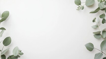 Minimalistic green eucalyptus leaves on white background with space for text, ideal for natural-themed designs.