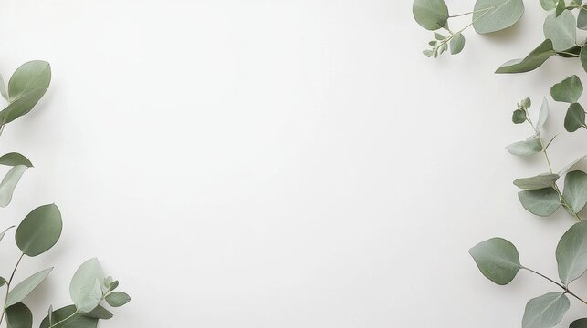 Fototapeta Minimalistic green eucalyptus leaves on white background with space for text, ideal for natural-themed designs.