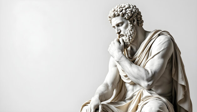 A detailed ancient Greek philosopher statue, symbolizing wisdom and contemplation.


