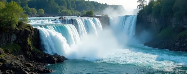 Fototapeta premium Powerful rushing waterfalls over rocky terrain, wilderness, stream