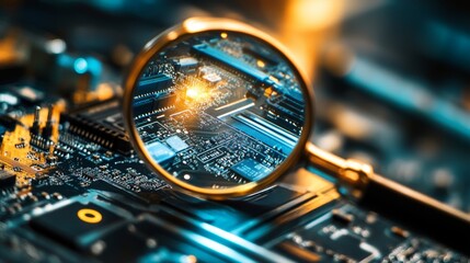 Magnifying Glass Highlighting Digital Innovation on Circuit Board 