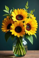 Obraz premium A colorful bouquet of sunflowers with greenery, bouquet, colorful