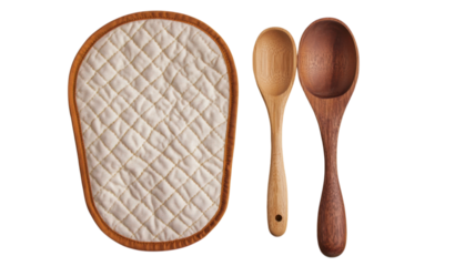 Kitchen utensils set including a quilted pot holder and wooden serving spoons for cooking and meal preparation