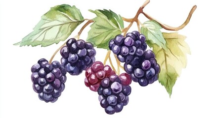 Watercolor Painting of Blackberries on Branch