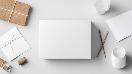 Minimalistic stationery set on a white desk, featuring a blank notebook and accessories for creative projects.