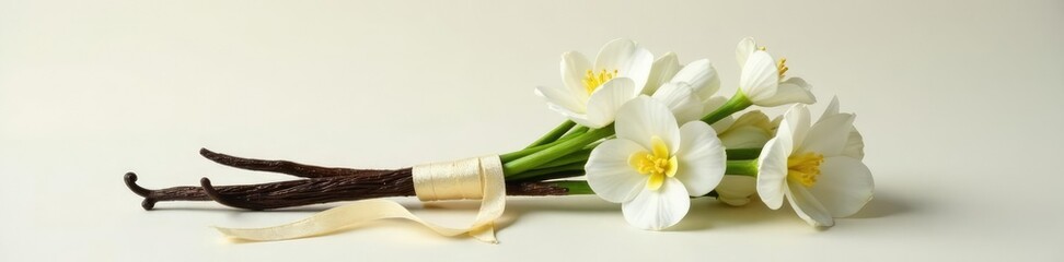 bundle of white flowers tied with a ribbon around a vanilla stick, ribbon, tie