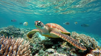 Fototapeta premium Earth day environmental idea. a vibrant sea turtle gliding gracefully through a coral reef underwater