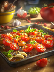 Roasted halved cherry tomatoes with garlic and herbs on a dark tray showcasing their juicy caramelized texture.