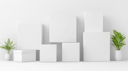 Minimalistic white boxes with green plants creating a fresh, modern aesthetic in a clean environment.