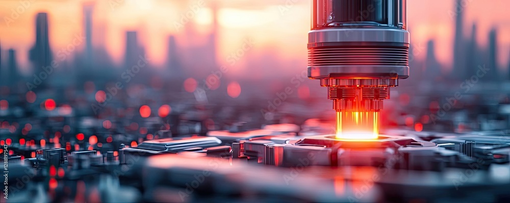 Poster earth day environmental concept. close-up of a laser cutting through a circuit board with glowing de