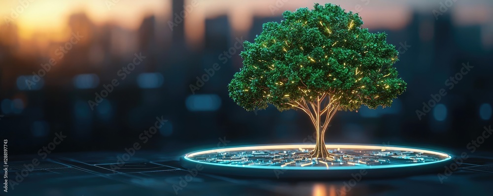 Poster earth day environmental concept. a glowing tree symbolizing growth and nature in an urban setting at