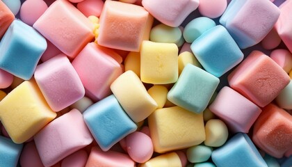 a vibrant collection of pastel colored candy pieces creating a delightful and sweet background image