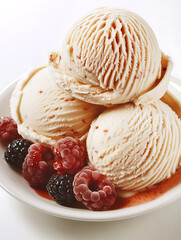 Three scoops of pale ice cream stacked on a plate garnished with raspberries and blackberries suggesting a sweet and fruity dessert.