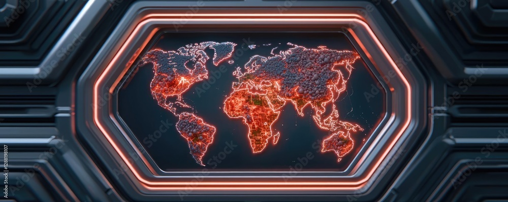 Poster earth day environmental concept. futuristic digital world map with glowing red lines on a sleek dark