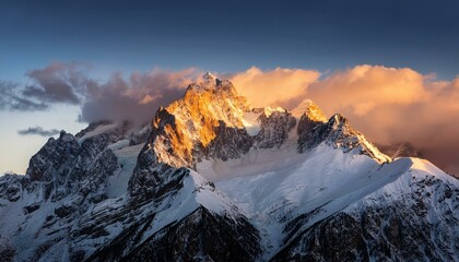 majestic snow covered mountain peak with dramatic clouds and golden light
