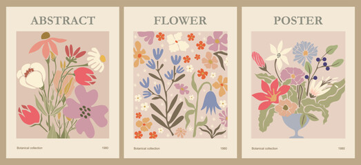Set of abstract flower posters. Trendy botanical wall arts with floral design in danish pastel colors. Modern naive groovy funky interior decorations, paintings. Vector art illustration.