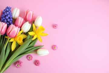 bouquet of pink and yellow tulips and hyacinths on a pink background