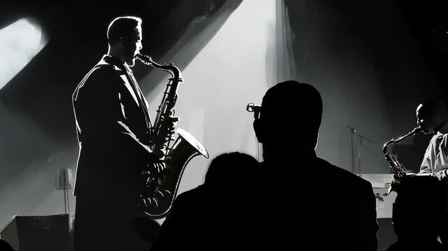 A noir scene with a  saxophonist playing under a spotlight. A dramatic scene in a jazz club, , with the audience shrouded in darkness.