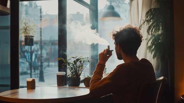 A person enjoying a vaping device while seated at a caf&eacute; window. Featuring modern lifestyle and tranquility