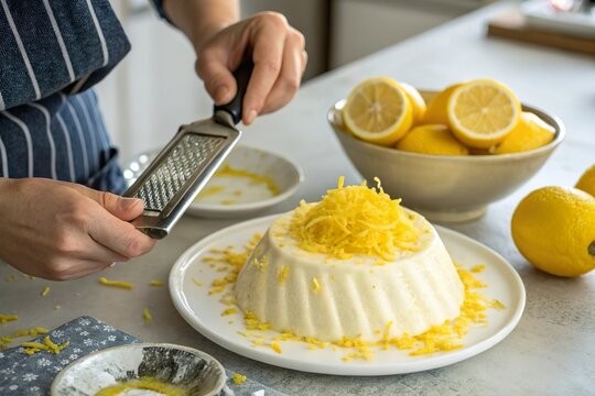 cheft grate lemon zest on creamy dessert