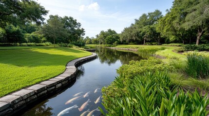 Fototapeta premium Earth day environmental concept. A serene landscape featuring a winding pond surrounded by lush greenery.