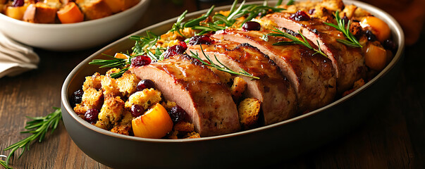 Sliced roasted pork loin with cranberries stuffing apricots and rosemary in a serving dish plated with holiday style.