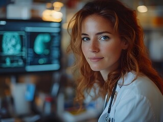 Naklejka premium Radiant Scientist: A close-up shot of a captivating female scientist with ginger hair, exuding confidence as she poses in her laboratory, surrounded by scientific equipment and displays.
