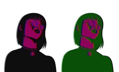 Two girls in glasses with marijuana pendants, colored shadows, pink skin, psychedelic