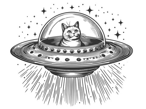 adorable cat inside a flying saucer, blending whimsical sci-fi, fantasy, and humor in a vintage artistic style sketch engraving generative ai raster illustration. Scratch board. Black and white image.