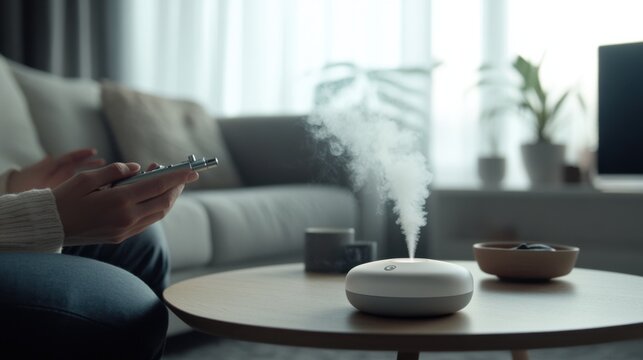 A person enjoying a vaping device while seated in a minimalist café. Featuring modern lifestyle and relaxation