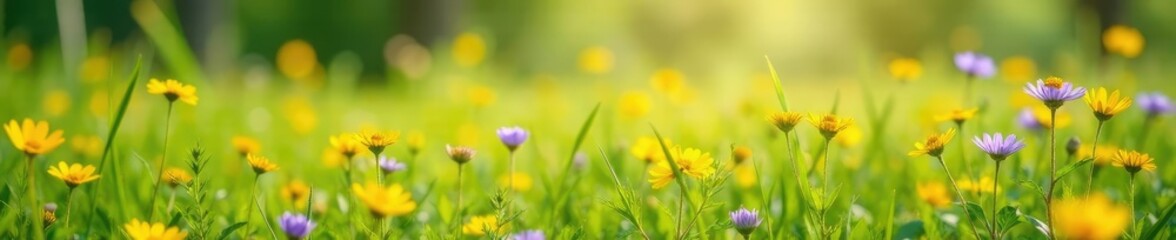 Meadow with yellow and purple flowers swaying gently in the breeze, yellow flowers, wildflowers