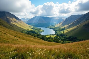 Fototapeta premium Rolling hills and mountains in the Scottish Borders landscape, with a serene lake in the background, mountains, scottish borders, lake