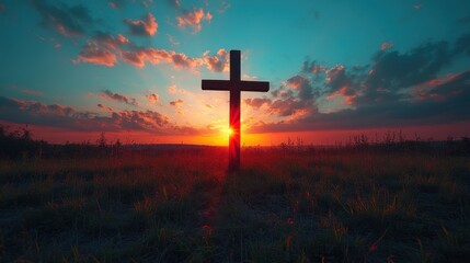 Christian Cross Stands on Hill. Sun Sets Behind Cross. Beautiful Sky. Faith and Hope. Religion Symbol. Wooden Cross silhouette.