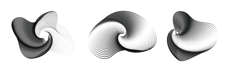 Abstract halftone spiral patterns futuristic dot waveforms.