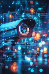 Security camera, digital network, surveillance, data, technology, night, bokeh, cyber