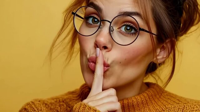 Young woman in glasses making a shushing gesture against a yellow backdrop