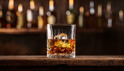 an old-fashioned glass of whiskey sitting on and old skool wood bar