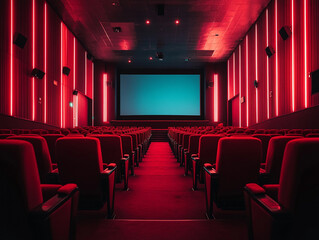 Fototapeta premium Movie theater interior with red lighting and empty seats