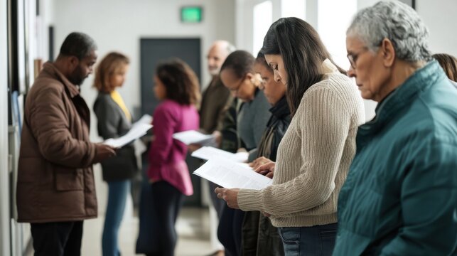 Unemployment line at a community center with individuals checking their paperwork. Featuring tension and hope