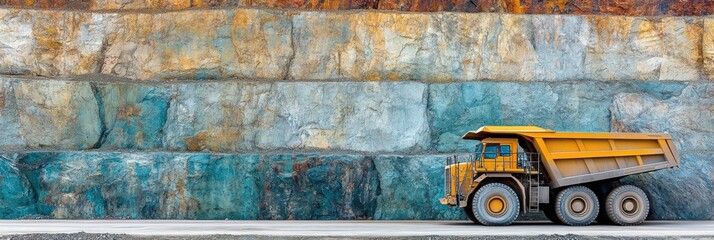 Obraz premium Heavy Mining Truck Transporting Materials in a Vibrant Mineral Quarry at a Excavation Site, Showcasing Steel Machinery and Rich Geological Colors
