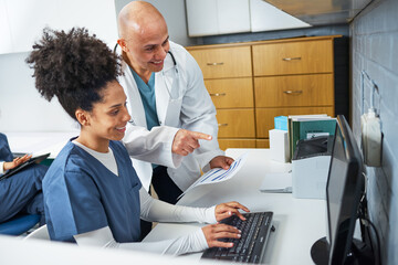 Healthcare Professionals Collaborating in a Clinical Office Environment