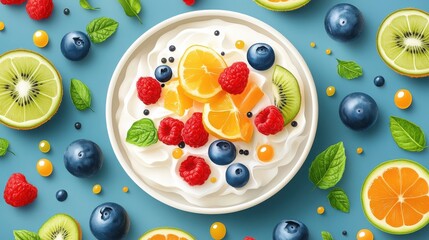 Stylish flat-lay of bingsu dessert topped with fresh fruit on a blue background with decorative elements