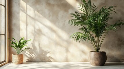 Obraz premium Plant in a pot by a window with bright lighting and clean neutral background