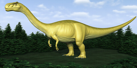 Large tan dinosaur with a long neck and tail stands in a green field with dense trees in the background.