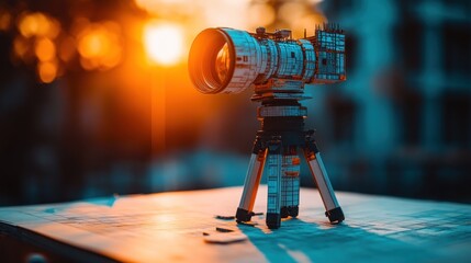Miniature camera on tripod at sunset