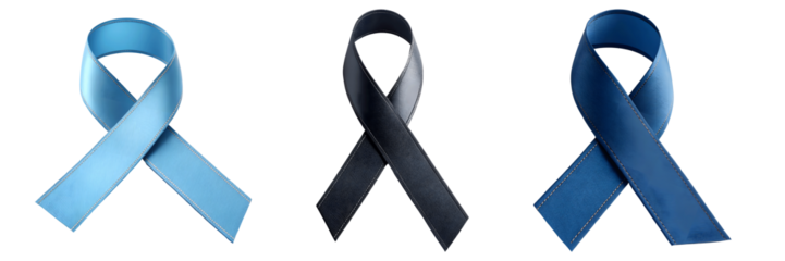 a set for Official mourning black, blue, sky blue ribbon 3D Render on transparent background